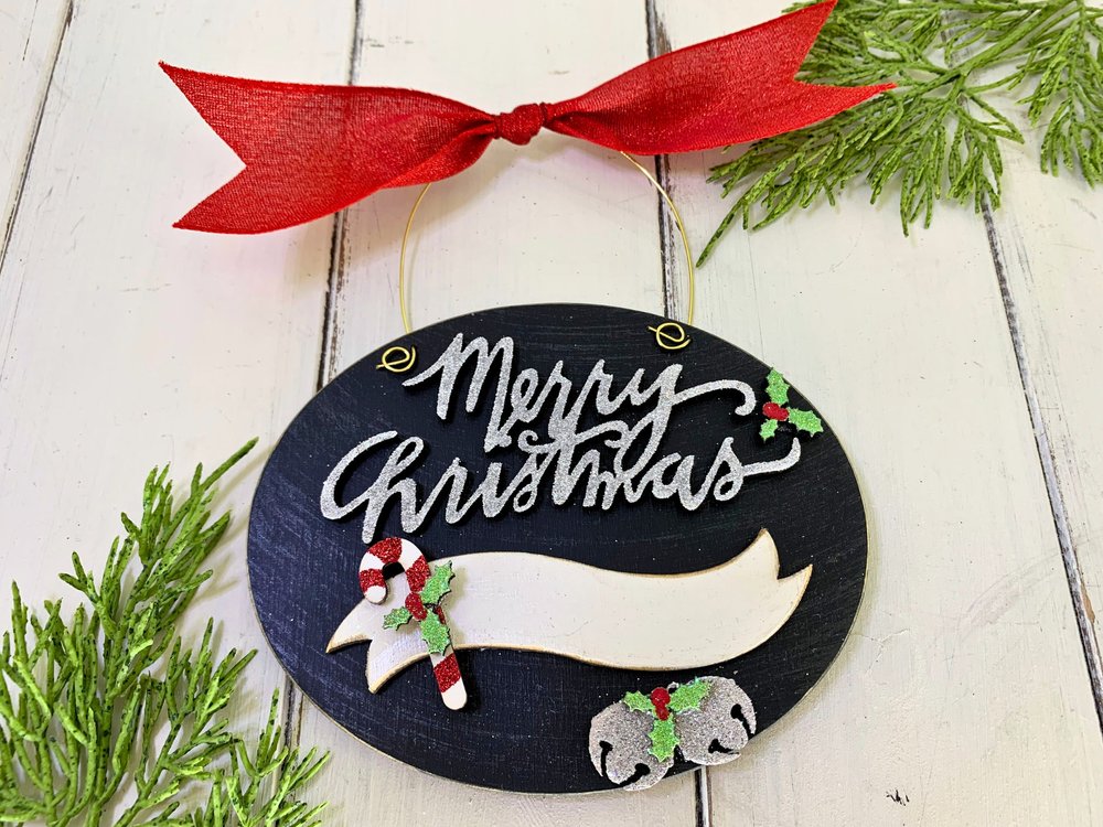 Merry Christmas Oval Ornament with Personalized Banner, Candy Cane and Bells