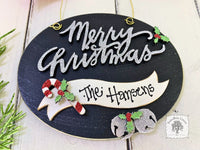 Merry Christmas Oval Ornament with Personalized Banner, Candy Cane and Bells