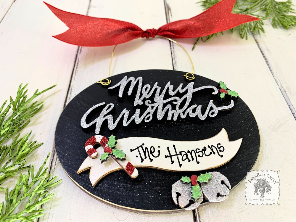 Merry Christmas Oval Ornament with Personalized Banner, Candy Cane and Bells