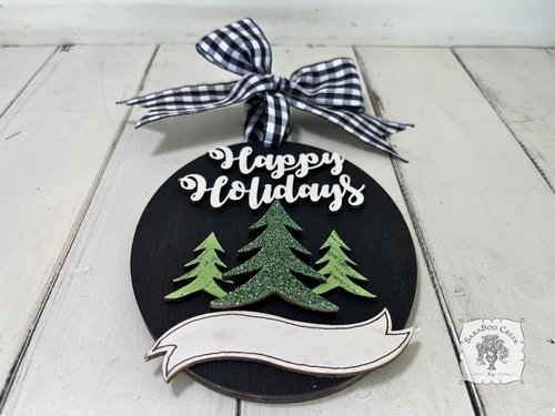 Happy Holidays Oval Ornament with Pine Trees and Personalized Banner