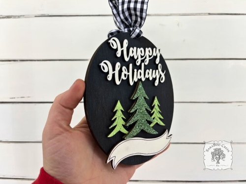 Happy Holidays Oval Ornament with Pine Trees and Personalized Banner