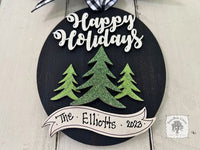 Happy Holidays Oval Ornament with Pine Trees and Personalized Banner