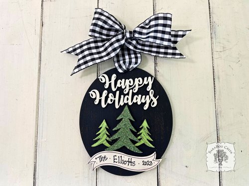 Happy Holidays Oval Ornament with Pine Trees and Personalized Banner