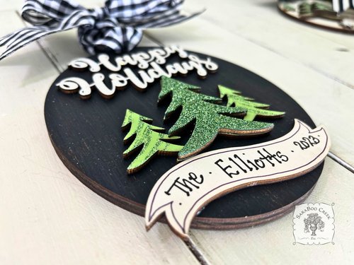 Happy Holidays Oval Ornament with Pine Trees and Personalized Banner