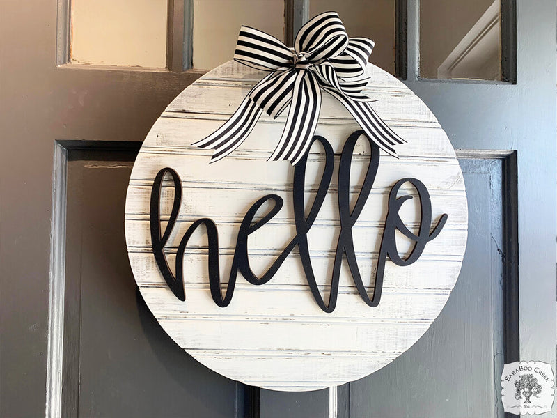 Hello Round Sign (or Custom Word) with or without Bow - Minimalist Custom Front Door Hanger