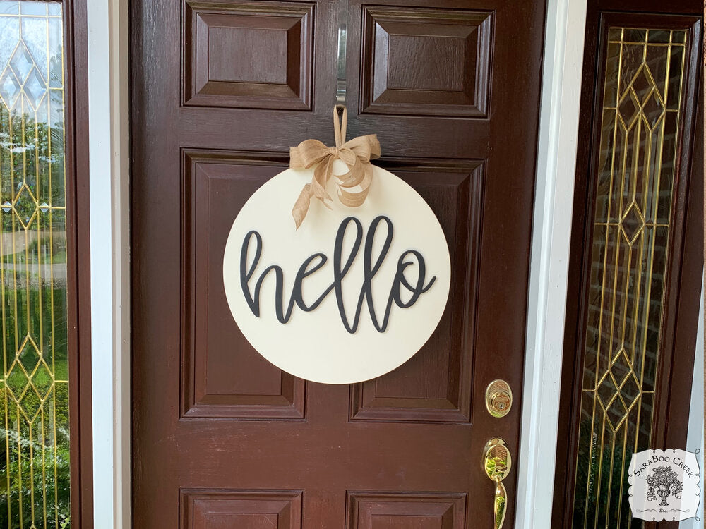 Hello Round Sign (or Custom Word) with or without Bow - Minimalist Custom Front Door Hanger