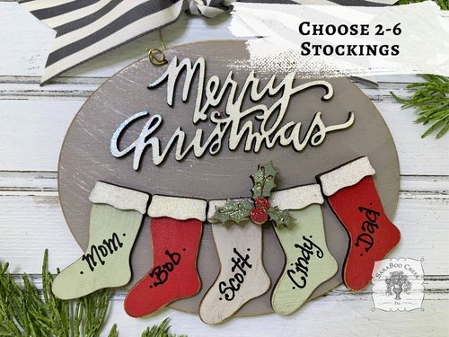 Family Ornament with 2, 3, 4, 5, or 6 Personalized Christmas Stockings