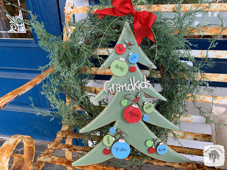 Custom Christmas Tree Wall or Door Hanger with Personalized Ornaments - Family or Grandkids Word