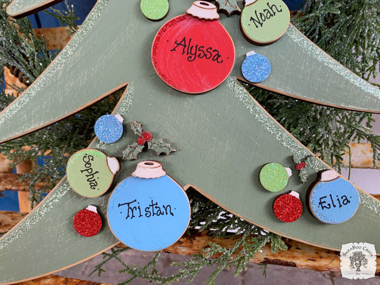 Custom Christmas Tree Wall or Door Hanger with Personalized Ornaments - Family or Grandkids Word