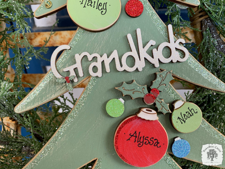 Custom Christmas Tree Wall or Door Hanger with Personalized Ornaments - Family or Grandkids Word