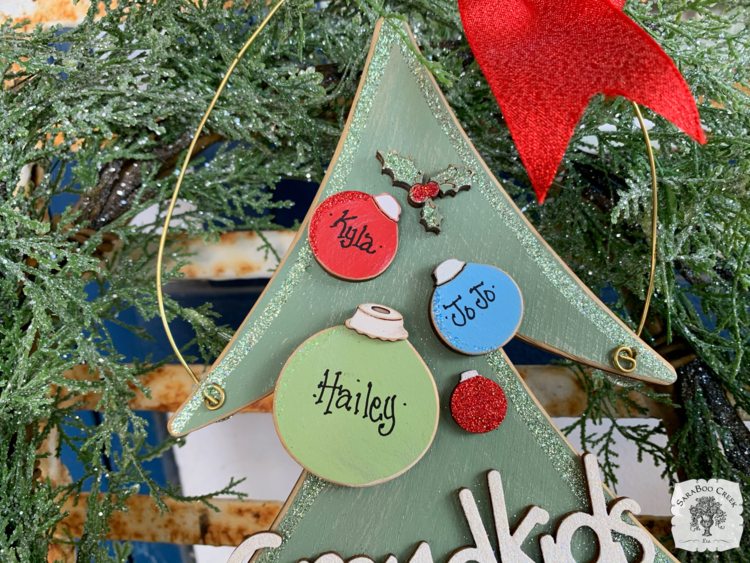 Custom Christmas Tree Wall or Door Hanger with Personalized Ornaments - Family or Grandkids Word