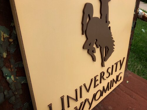 College / University School Sign - University of Wyoming Logo on 12 x 12 Plaque; Handmade Wood